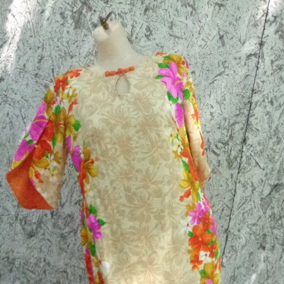NOS Vintage Hawaiian Maxi Dress 1960s 70s Sz 14 US Made Deadstock 1 Flaw UNWORN - Picture 2 of 15